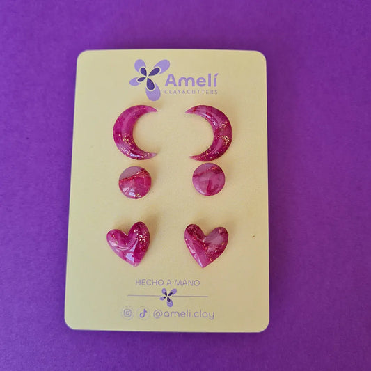 Pack mini corazón, mini círculo y mini luna mármol rosa